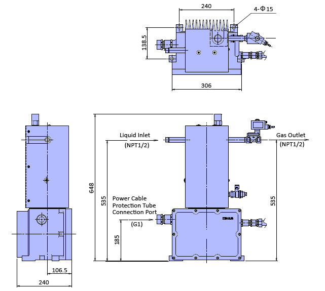 Structural drawing of dry-electric compact size vaporizer 100ADX and dimension data