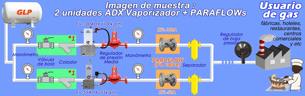 Imagen de muestra de instalación de vaporizadores ADX de 100 kg/h y 55 kg/h con válvulas de control de caudal Kagla