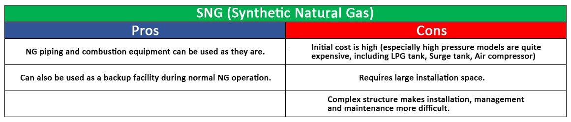 Advantages and disadvantages of SNG as back up for Natural Gas